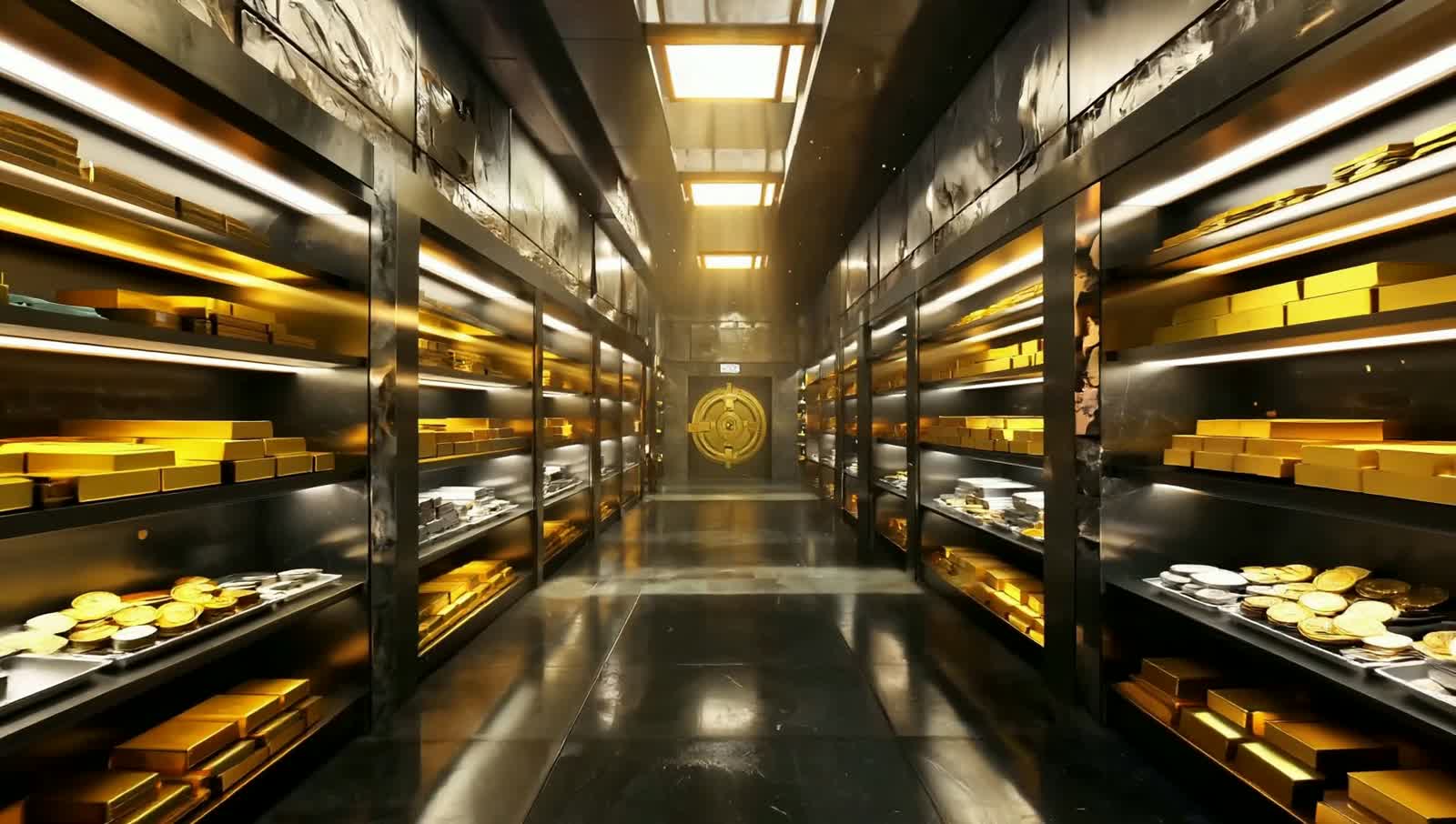 High-end bullion vault stacked with gold and silver bars and coins